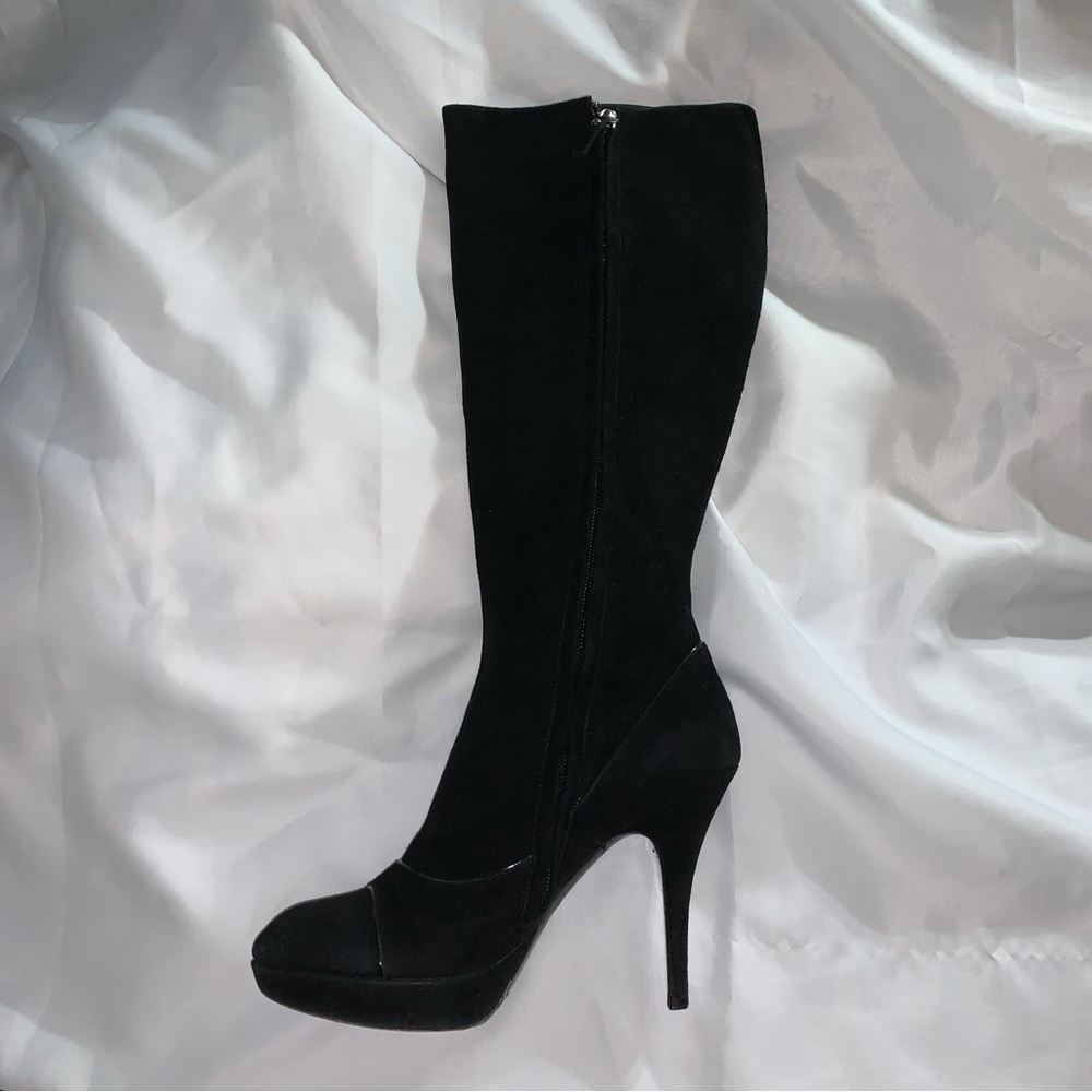 LOUIS VUITTON size 37.5 black SUEDE platform stilleto BOOTS w/patent leather - Picture 2 of 12